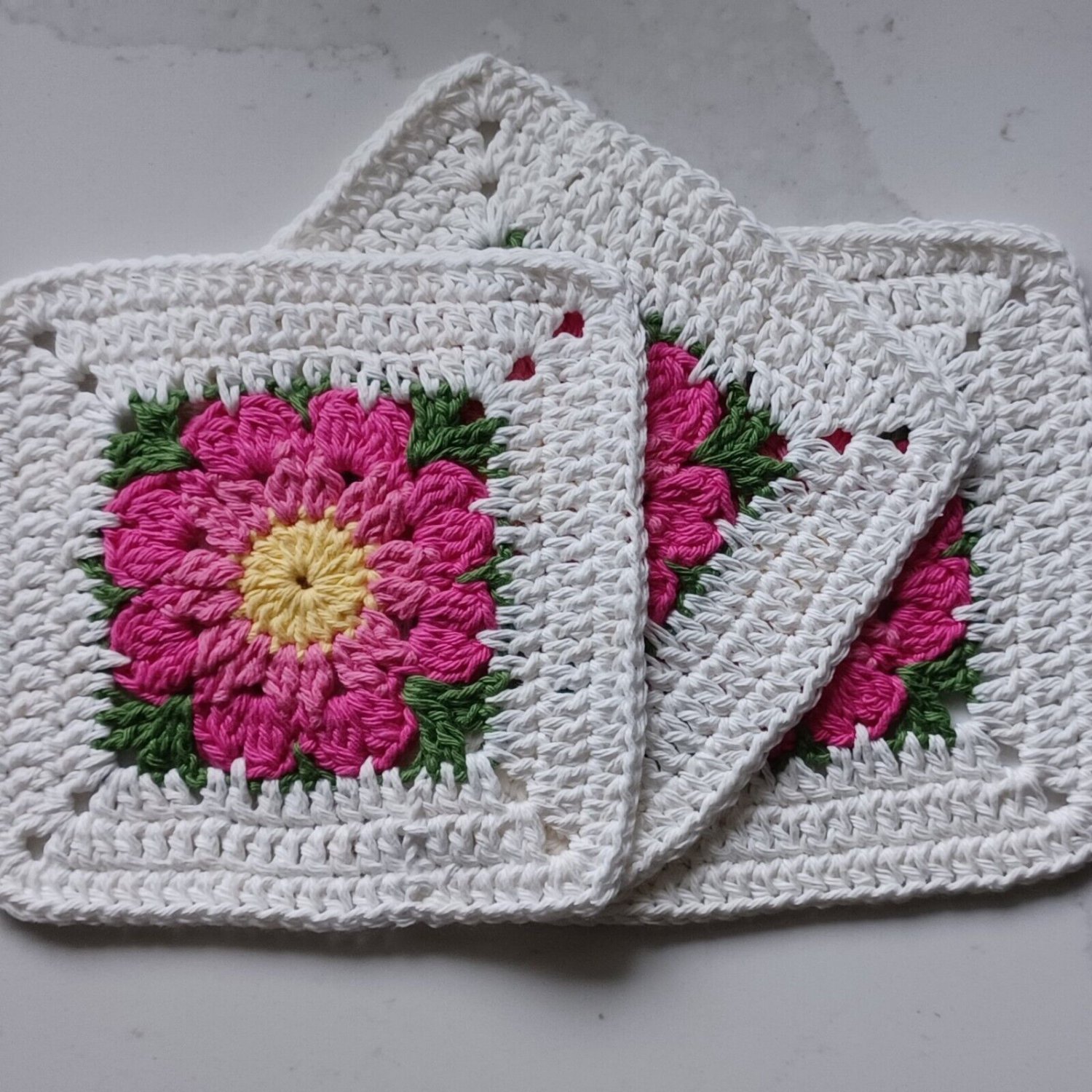 3 Crochet Cotton Dishcloth Rose/Pink African Flower Made in USA