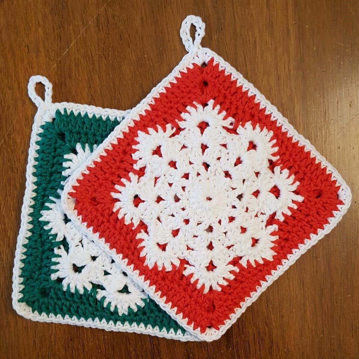 Snowflake Christmas/Red Green Crochet Potholders Made in USA