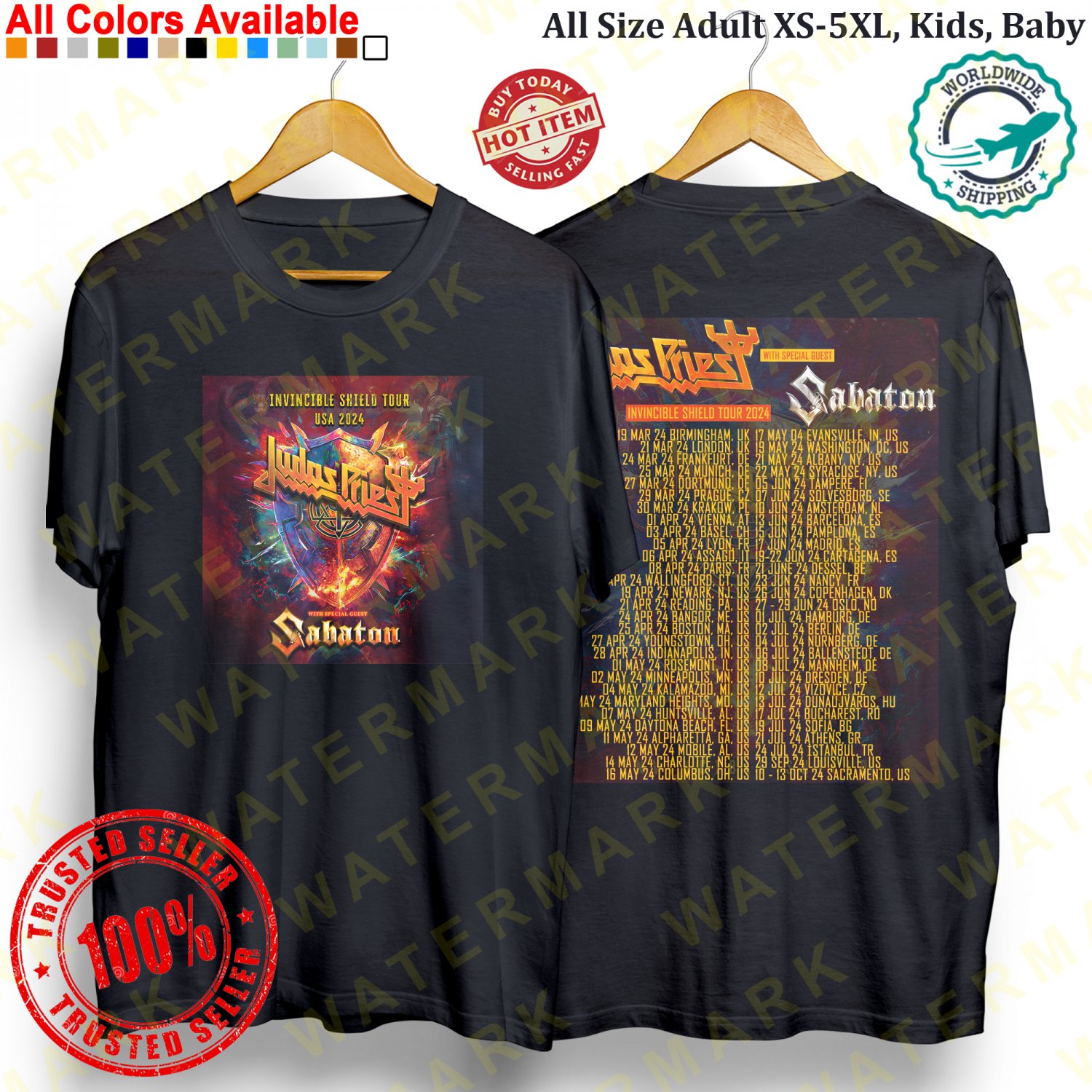 JUDAS PRIEST WITH SABATON INVINCIBLE SHIELD TOUR 2024 T-shirt  Adult S-5XL Youth Babies Toddler