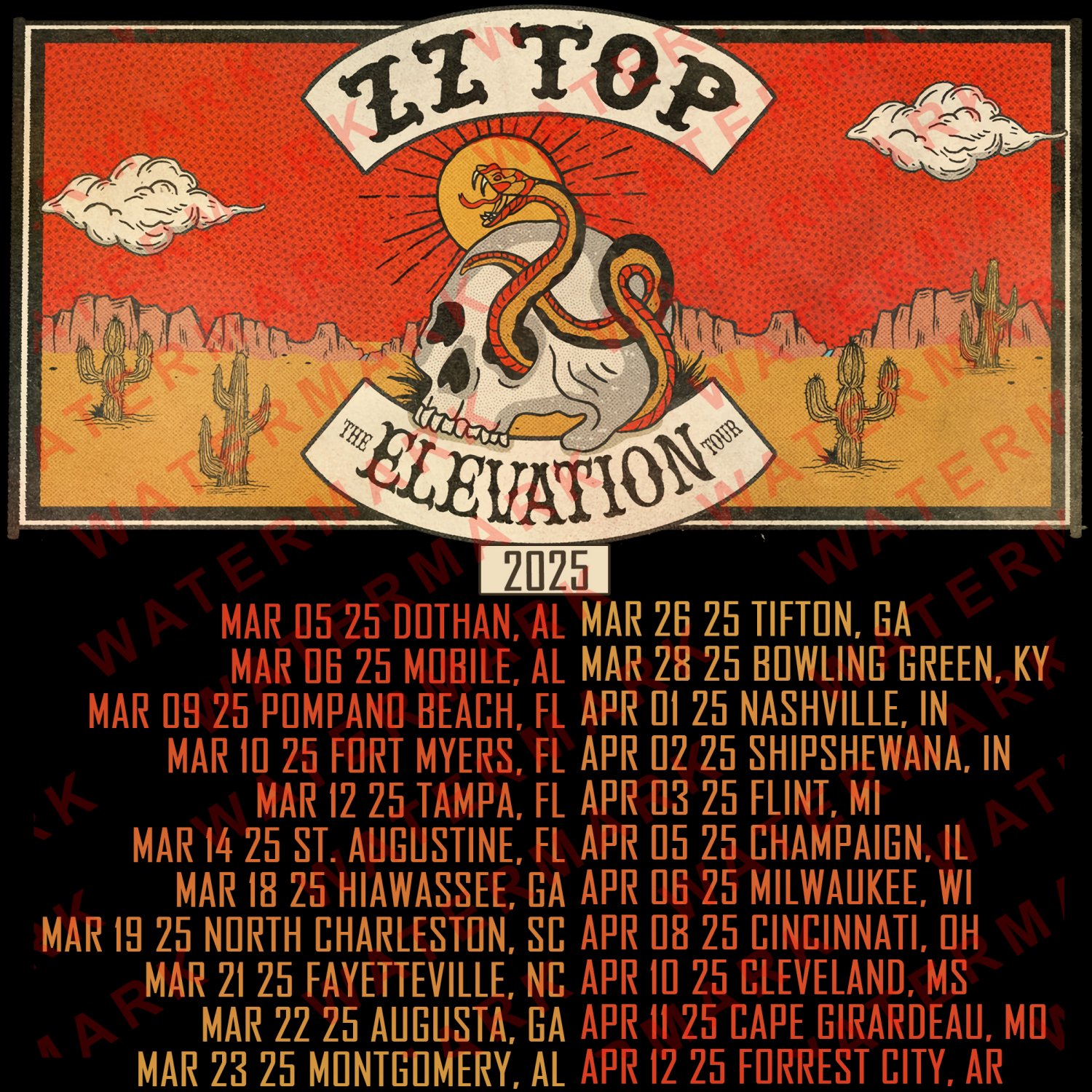 ZZ TOP THE ELEVATION TOUR 2025 Tshirt Adult S5XL