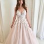 A Line V Neck Champagne Tulle Prom Dresses with White Lace Long Lace Wedding Dress Formal Dresses