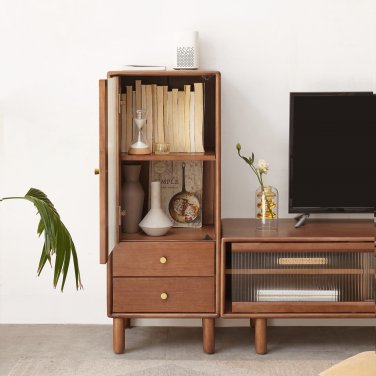 (Coffee color) Storage Cabinet for Living Room - Free-Standing Corner Cabinets Storage Table with Vi
