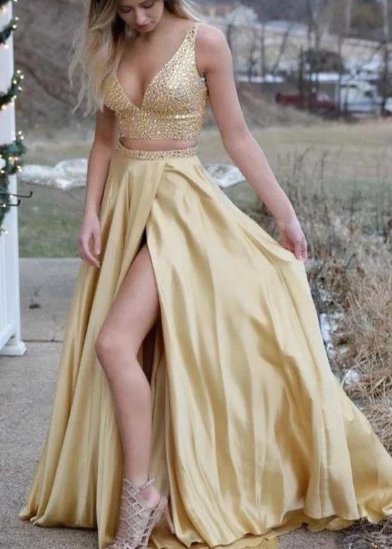 Sexy A Line V Neck Yellow Satin Beaded Long Two Piece Prom Dress 