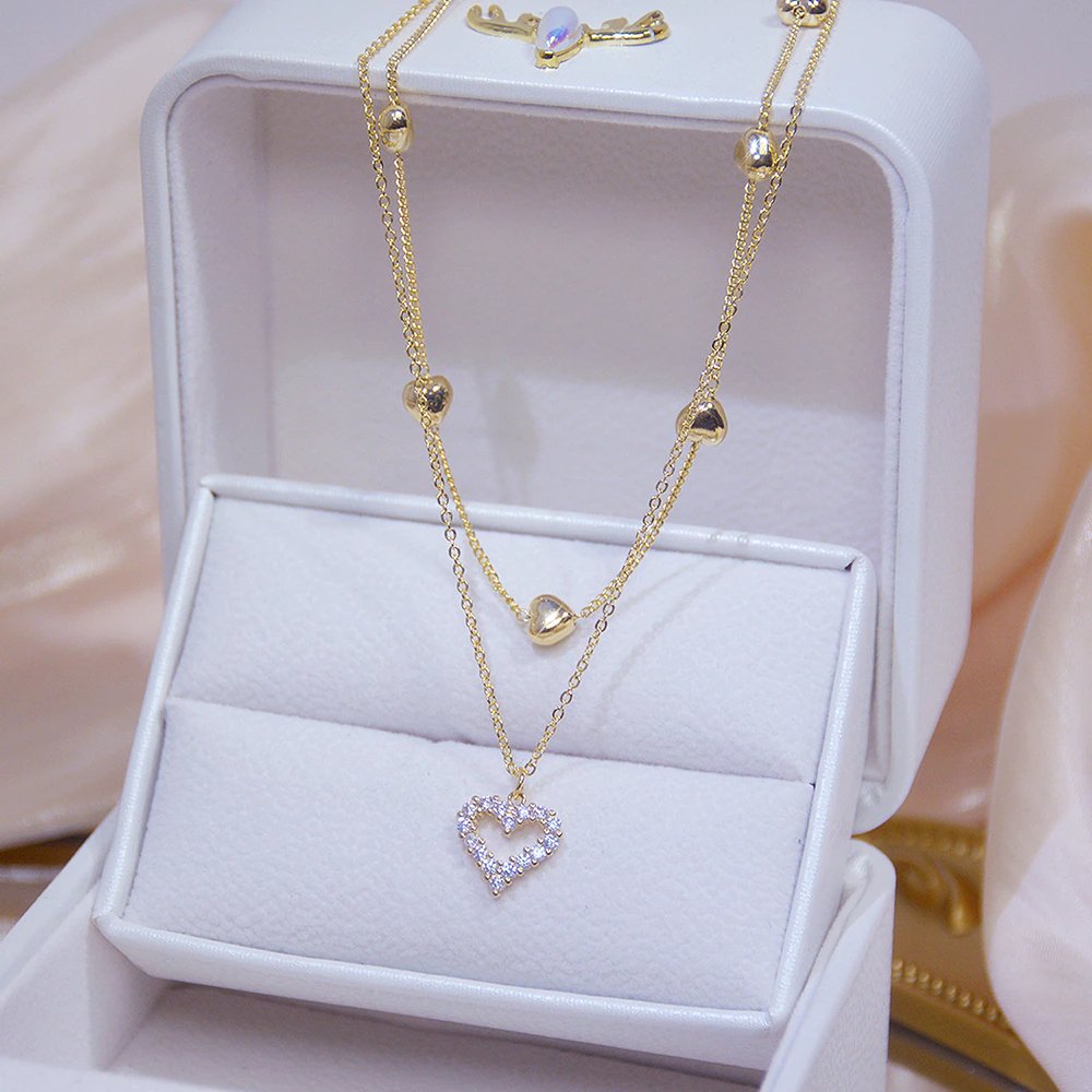 Gold Double layer Heart Necklace Women Clavicle Chain Elegant Charm Pendant