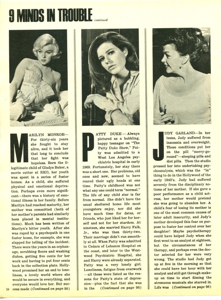 Marilyn Monroe Judy Garland Patty Duke 2 page magazine photo clipping C0084