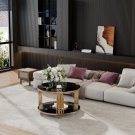 Modern Black Mirror Coffee Table with Asymmetrical Gold Metal Base, Circular Drum & Lower Shelf Modern Black Mirror Coffee Table with Asymmetrical Gold Metal Base, Circular Drum & Lower Shelf