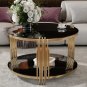Modern Black Mirror Coffee Table with Asymmetrical Gold Metal Base, Circular Drum & Lower Shelf