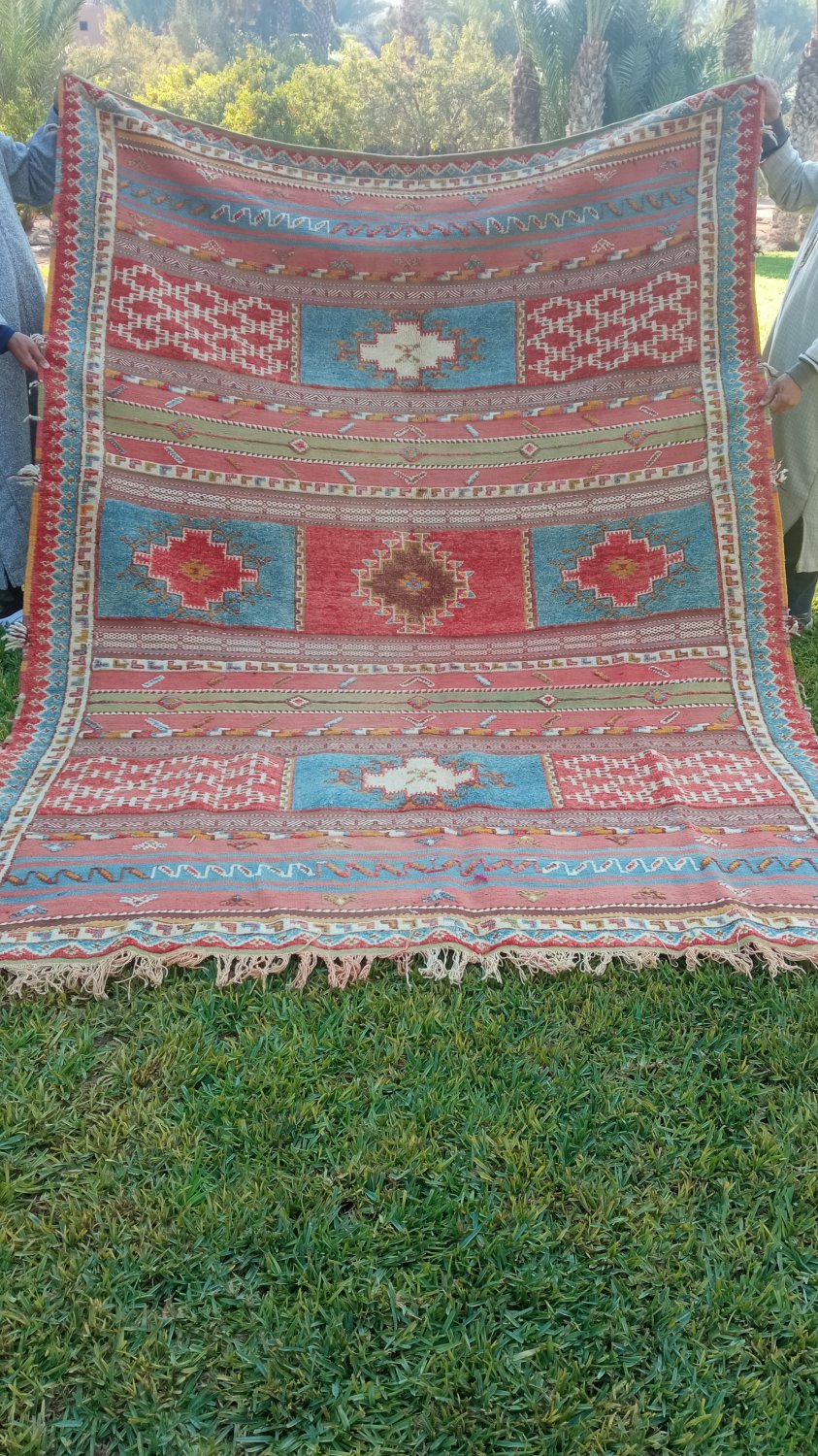 Vintage Moroccan Kilim Blue and Red Berber wool rug, 100% wool area