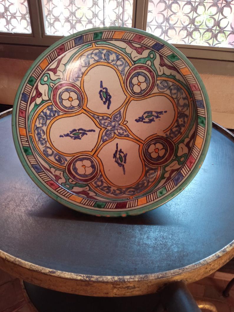Antique Turquoise Ceramic handpainte art from Fez, 1990s Handmade Moroccan ceramic pottery