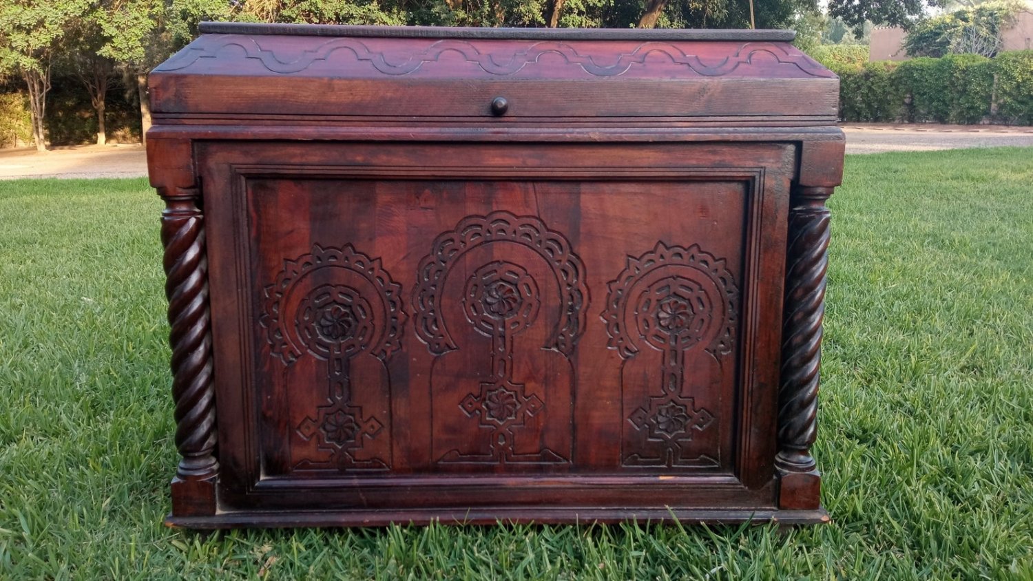 Vintage Moroccan Large Carved Cedar Chest, Rustic African Farmhouse Wooden Trunk, free shipping