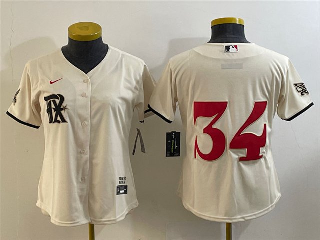 women's Baseball Rangers Uniform #34 Nolan Ryan Jerseys Cream 2023 City Connect Player ladys Shirts