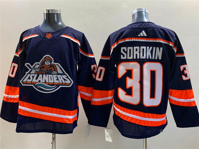 men's Ice Hockey NY Islanders Uniform #30 Ilya Sorokin Jerseys Navy 2022-23 Reverse Retro Shirts