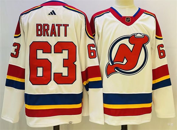men's Ice Hockey NJ Devils Uniform #63 Jesper Bratt Jerseys White 2022-23 Reverse Retro Shirts