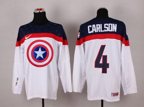 men's Ice Hockey Uniform #4 John Carlson Jerseys Team USA 2015 White Captain America Shirts