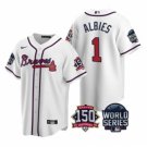 men's & youth Atlanta Braves 1 Ozzie Albies Jersey 2021 White World Series / 150th Anniversary Patch