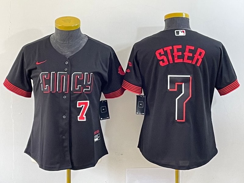 women's Cincinnati Reds 7 Spencer Steer Jersey Black 2023 City Connect Limited Player Game Baseball