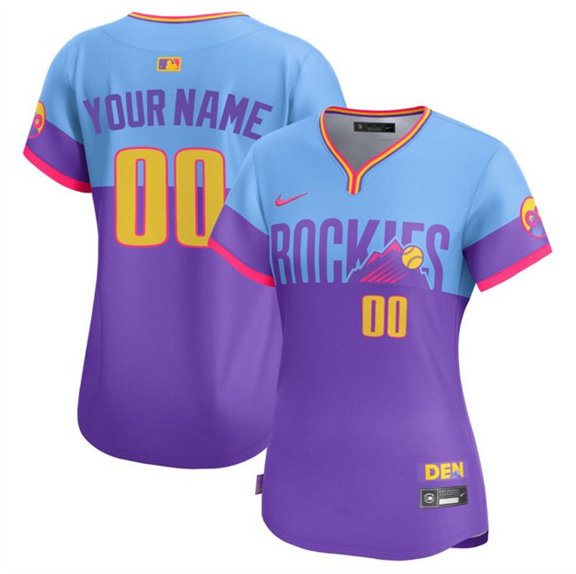 women's Colorado Rockies 00 Custom name number Jersey Blue Purple 2025 City Connect Baseball