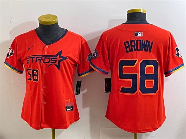 women's Houston Astros 58 Hunter Brown Jersey Orange 2025 City Connect with Texas Patch Baseball
