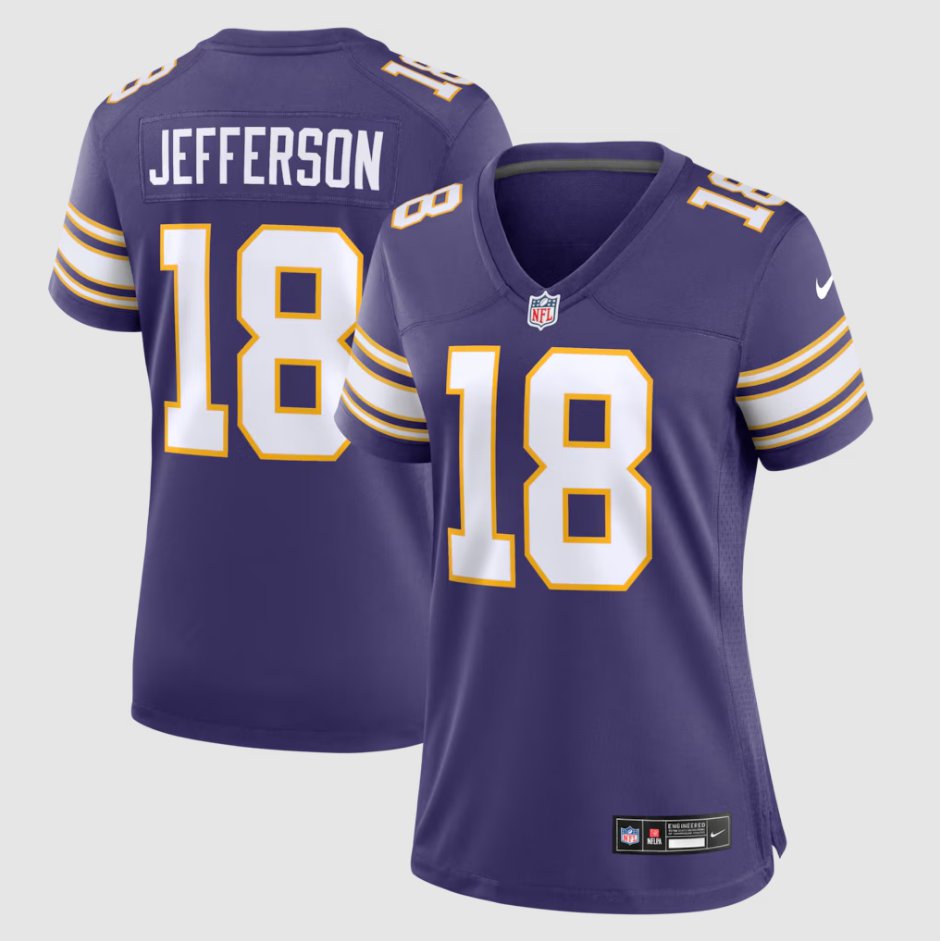women's Minnesota Vikings Uniform 18 Justin Jefferson Jersey Stitched Shirt Purple Alternate