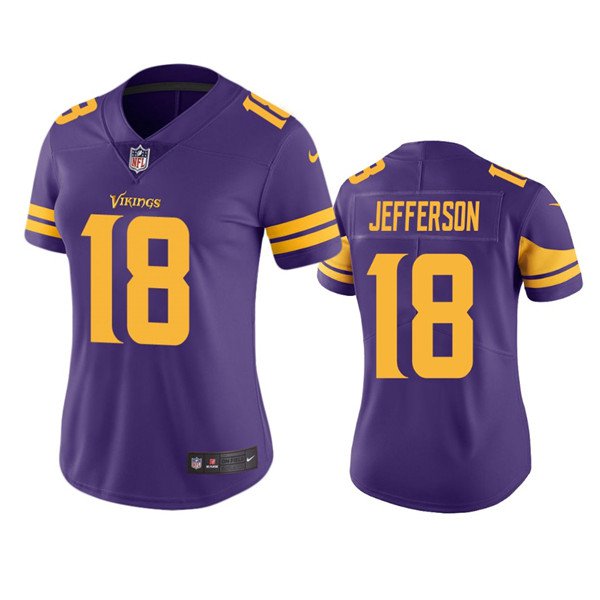women's Minnesota Vikings Uniform 18 Justin Jefferson Jersey Stitched Shirt Purple Color Rush