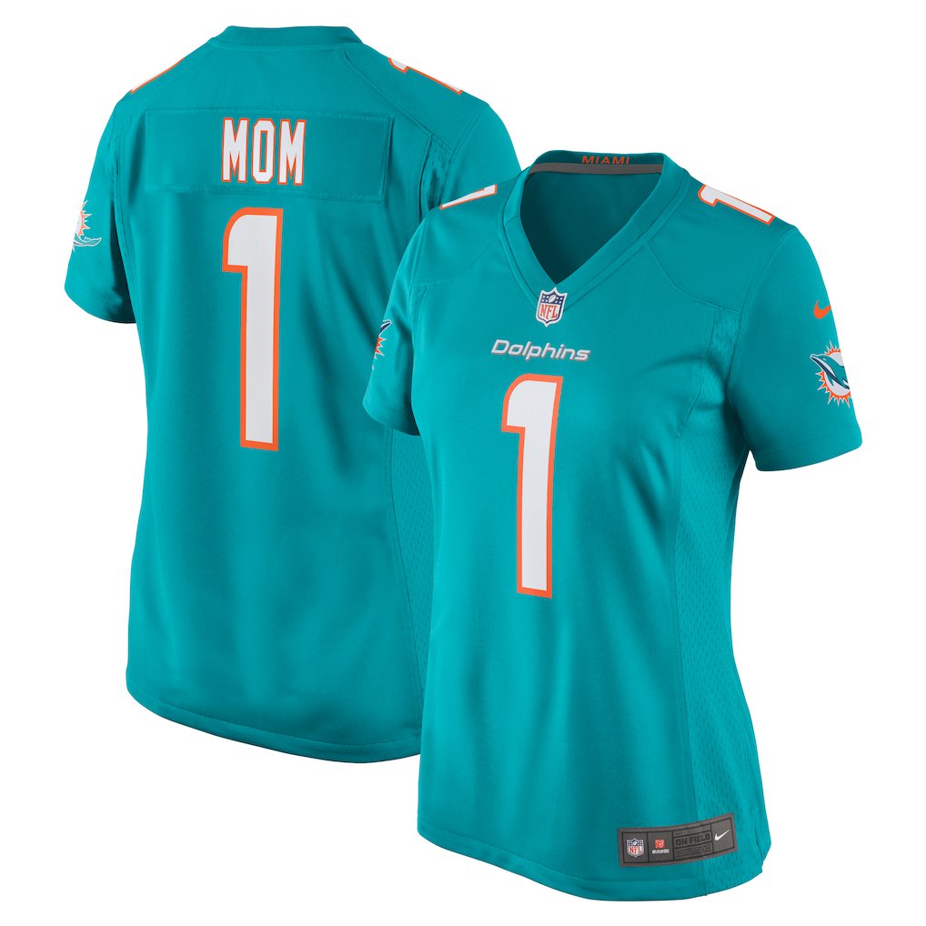 women's Miami Dolphins Uniform Number 1 Mom Jersey Stitched Activewear Aqua Shirt