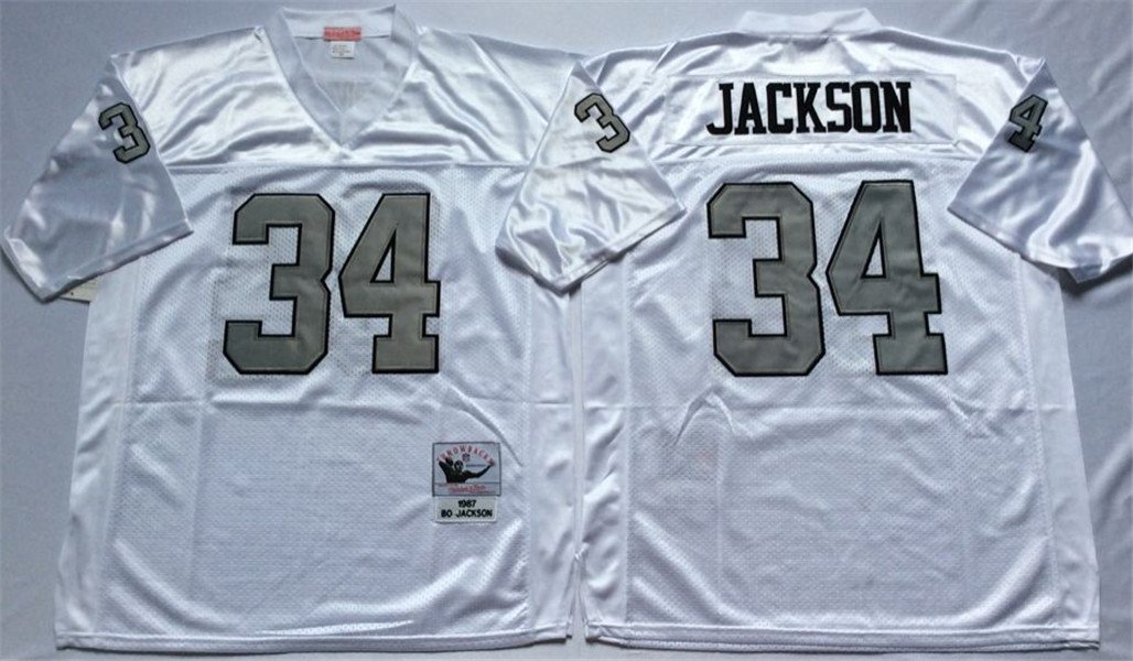 adult LV Raiders Uniform 34 Bo Jackson Jersey Stitched Activewear White M&N Throwback Mesh Shirt