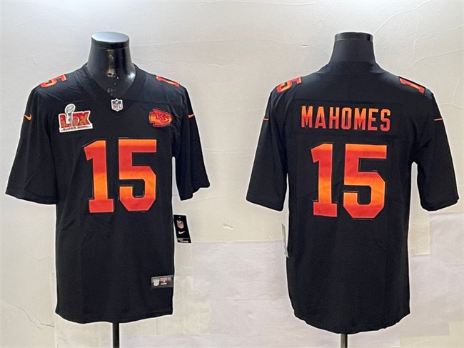 adult KC Chiefs Uniform 15 Patrick Mahomes Jersey Stitched Black Fashion 2025 Super Bowl LIX Patch