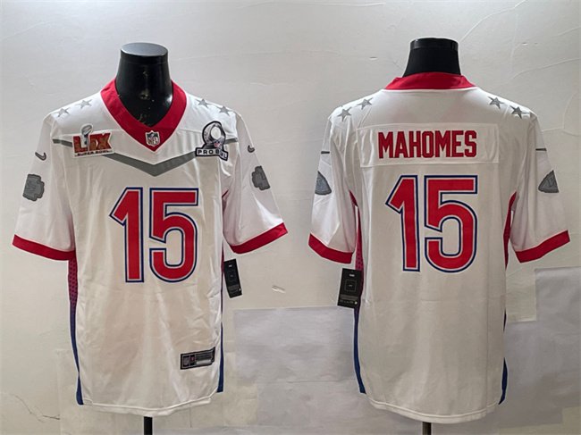 adult KC Chiefs Uniform 15 Patrick Mahomes Jersey Stitched White Pro Bowl 2025 Super Bowl LIX Patch