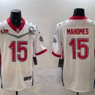 adult KC Chiefs Uniform 15 Patrick Mahomes Jersey Stitched White Pro Bowl 2025 Super Bowl LIX Patch