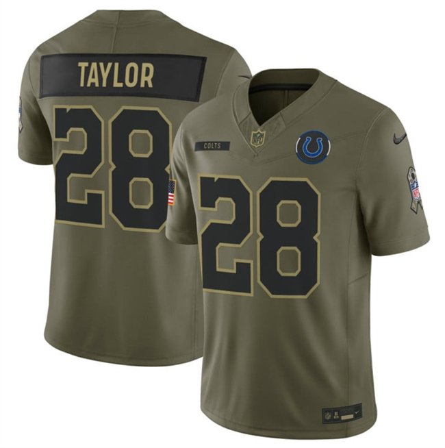 adult Indianapolis Colts Uniform 28 Jonathan Taylor Jersey Stitched Olive 2025 Salute To Service