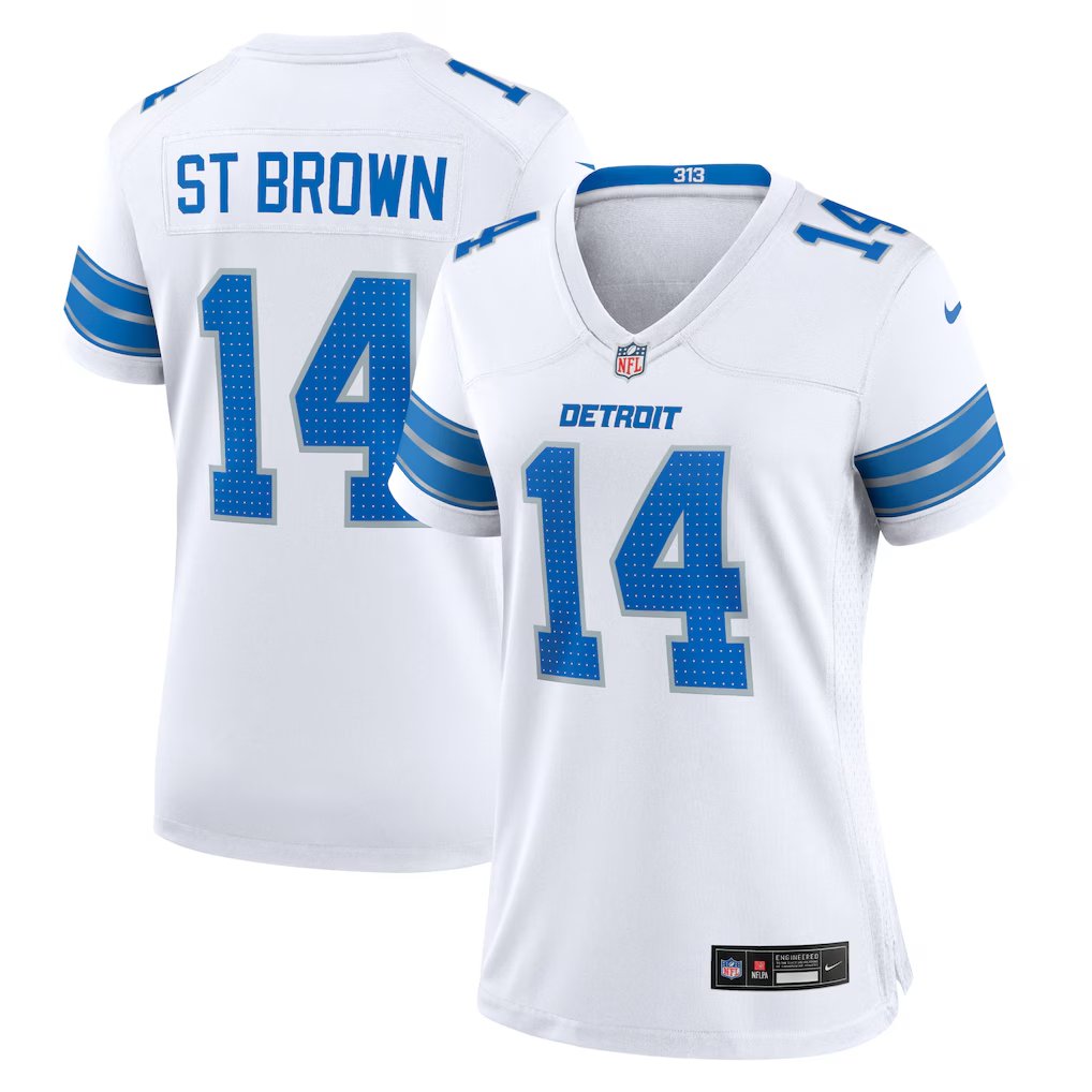 women's Detroit Lions Uniform 14 Amon-Ra St. Brown Jersey Stitched Activewear White Shirt
