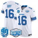 adult & youth Detroit Lions 16 Jared Goff Jersey Stitched White 2024 NFC Champions and 90th Patch