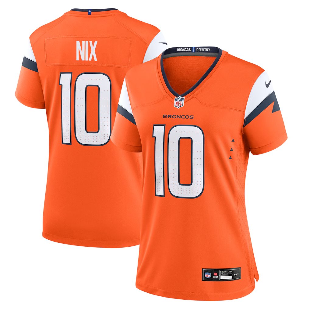 women's Denver Broncos Uniform 10 Bo Nix Jersey Stitched Activewear Orange Shirt