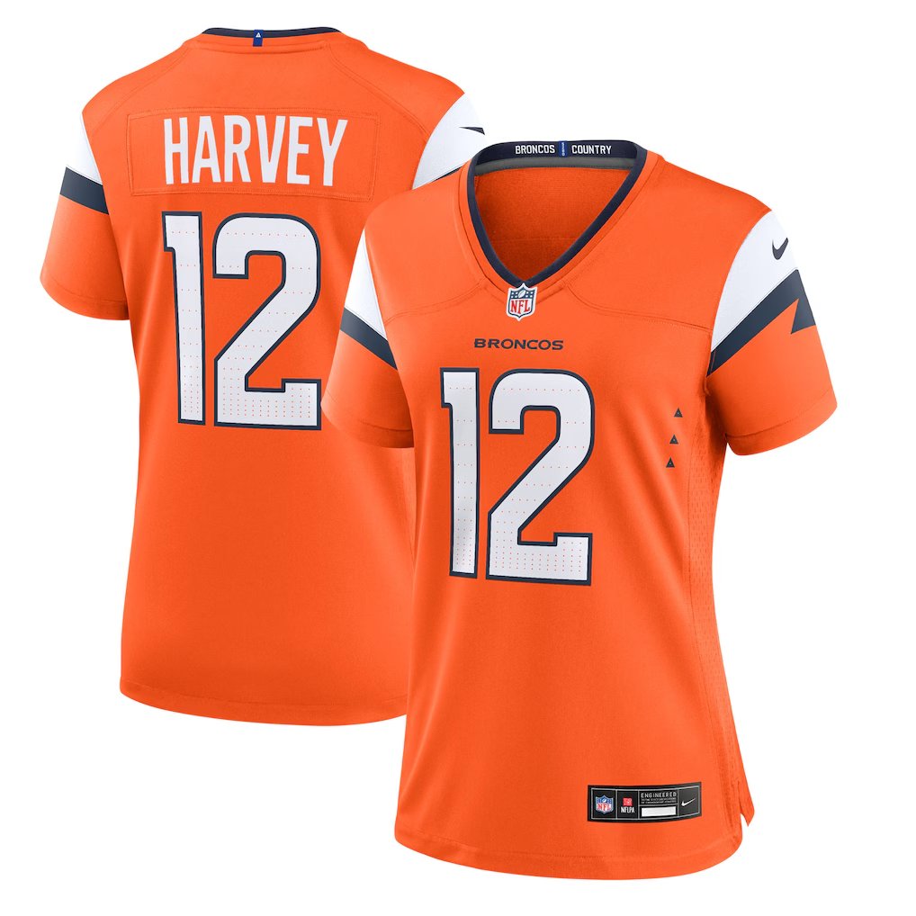 women's Denver Broncos Uniform 12 RJ Harvey Jersey Stitched Activewear Orange Shirt