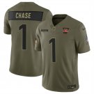 adult Cincinnati Bengals Uniform 1 Ja'Marr Chase Jersey Stitched Olive 2025 Salute To Service Shirt