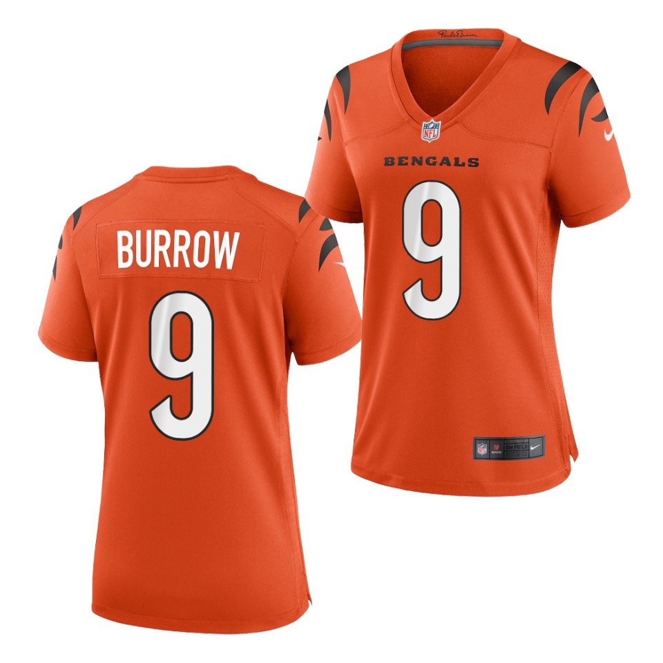 women's Cincinnati Bengals Uniform 9 Joe Burrow Jersey Stitched Activewear Orange Shirt