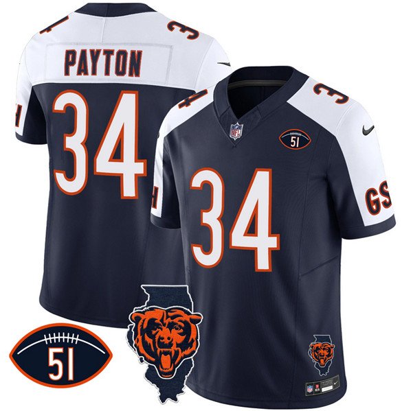 adult Chicago Bears Uniform 34 Walter Payton Jersey Stitched Navy-White Illinois and No. 51 Patch