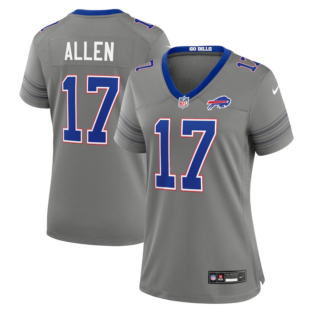 women's Buffalo Bills Uniform 17 Josh Allen Jersey Stitched Activewear Gray Nickel City Shirt