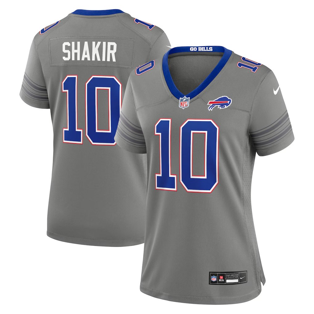 women's Buffalo Bills Uniform 10 Khalil Shakir Jersey Stitched Activewear Gray Nickel City Shirt
