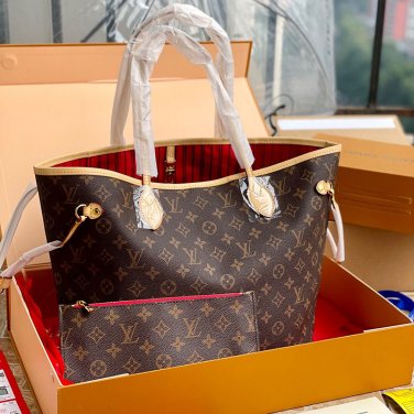 Cases 1:1 Dupe Louis Vuitton Leather Bag Women Black Lv Neverfull MM  Handbags