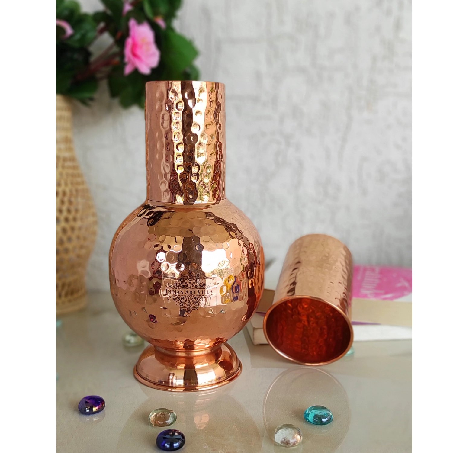 Pure Copper Surai Design Bedroom water Bottle With Inbuilt Glass, Drinkware - 700 ml