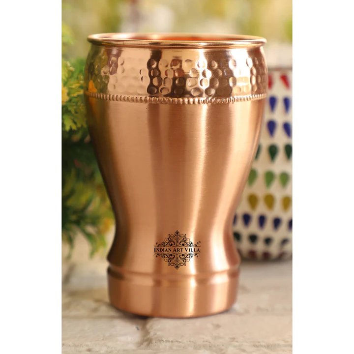 Pure Copper Glass Half Lecquer Hammered Design, Health Benefit, Hotel Restaurant, Volume:- 400 ML