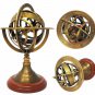 Antique Armillary Brass Desktop Globe Sphere Wooden Base Vintage Astrolabe
