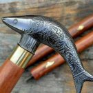 Victorian Brass Fish Head Nautical Handle Vintage Wooden Walking Stick Cane 36"