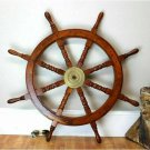 Large Boat Ship Wooden Steering Wheel ~Brass Center Nautical Wall Decor New-36"