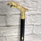 Handmade Brass Jaguar Head Handle Walking Stick Carved Wooden Cane For Men Women
