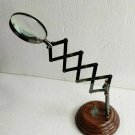 Brass Magnifying Glass on Wooden Stand Vintage Style Desktop Tabletop Magnifier