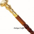 37" Vintage Antique Gold Brass Knob Head Handle 3 Fold Wooden Walking Stick Cane