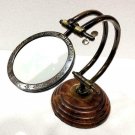 Antique Glass Magnifying Wooden Stand Brass Vintage Magnifier Desktop Nautical