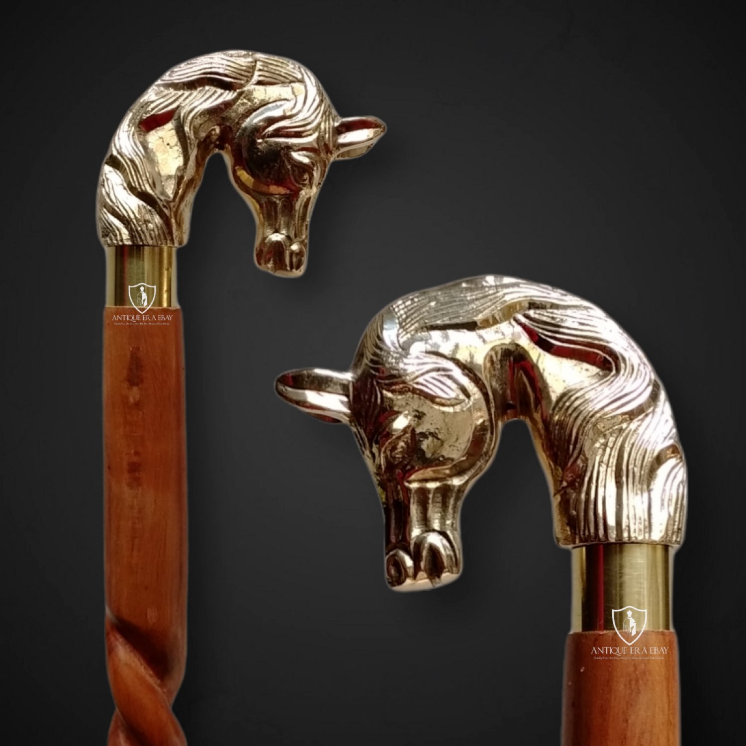 Horse Head Handle Brass Vintage Working Wooden Walking Stick Cane Gift